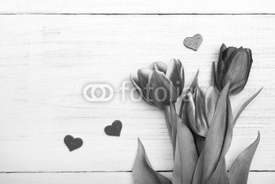 Tulip bouquet on white wooden background, copy space