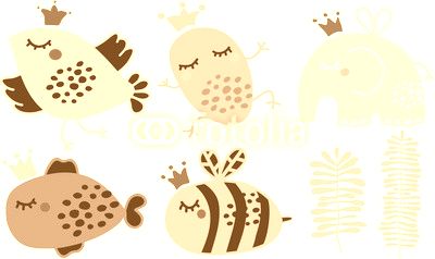 Cute animals in crown set.