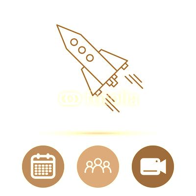 Startup business icon. Rocket sign. Spaceship shuttle symbol. Group of people, video cam and calendar icons. Vector