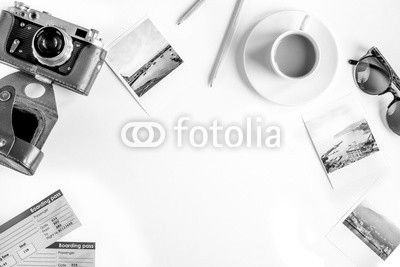 vacation concept with traveller outfit on white background top view space for text