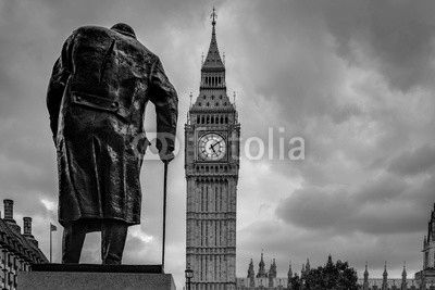 B&W Winston Churchill in parliament square and Big Ben