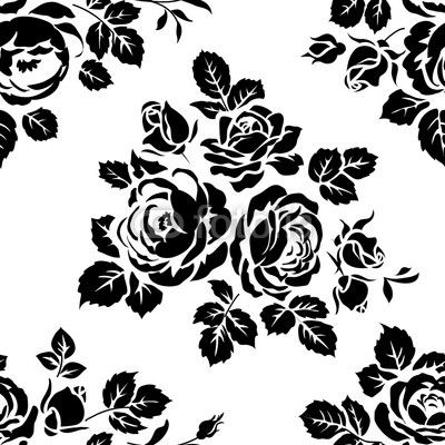 Monochrome seamless background with vintage rose silhouettes. Vector seamless pattern