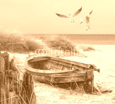 altes Fischerboot, Möwen, Strand und Meer