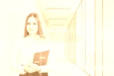 Young girl in an office suit is holding a black folder and standing in a white office corridor with conference rooms. 3d rendering. Mock up. Toned image. Double exposure