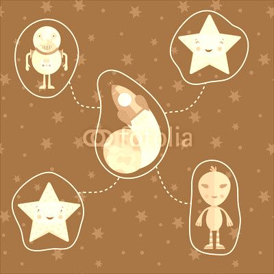 Space icons in cartoon style. Rocket flying around Earth, aliens characters, smiling cute stars vectors set isolated on starry grey background. Astronomic concept for childrens book illustrating