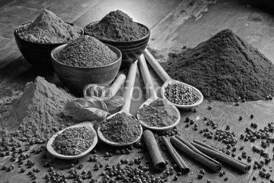 Variety of spices on kitchen table