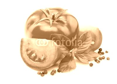 Tomatoes, basil leaves and black pepper on white.