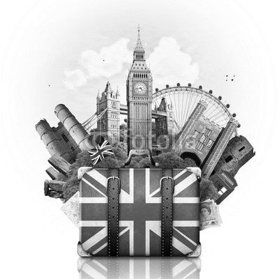 England, British landmarks, travel and retro suitcase