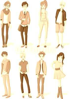 Group of cartoon young people. Manga anime teenagers.
