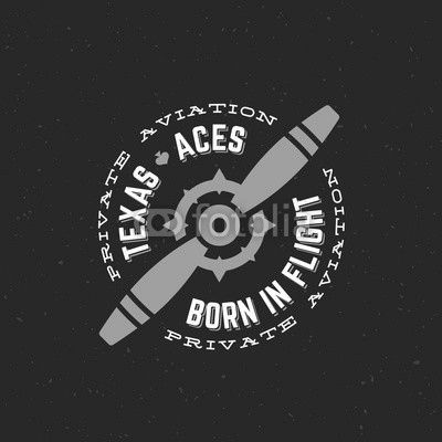 Texas Aces Airplane Vector Retro Label, Sign or Logo Template. Vintage Plane Airscrew with Circle Typography and Shabby Texture. On Dark Background