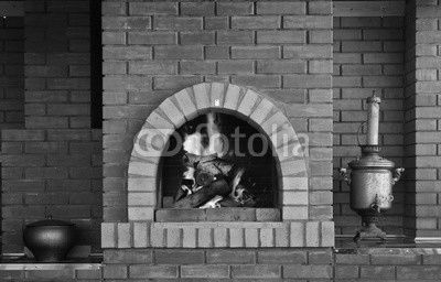 Russian interior kitchen with an oven and a burning fire