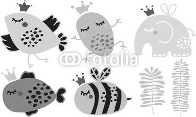 Cute animals in crown set.