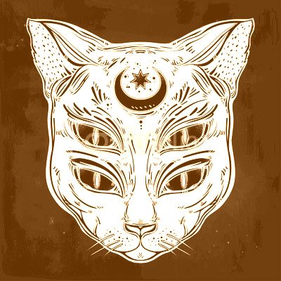 Black cat head portrait with moon and four eyes.