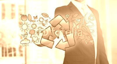 Businessman touching ecology interface with arrow recycling logo