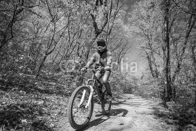 man ride mountain bike through forest