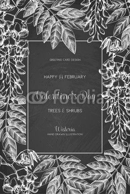 Wisteria sketch background. Valentine's Day card or invitation design with hand drawn tree in flowers. Vintage floral illustration. Wedding decor on chalkboard.