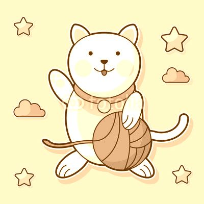 cat holding yarn ball cloud star background vector illustration