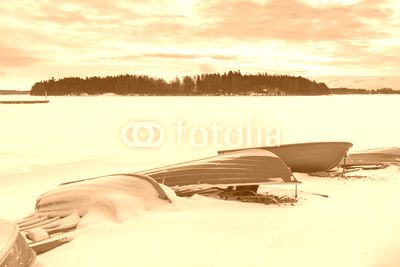 Colorful boats in harbor at winter