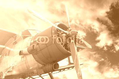 plane with propeller on beautiful bright sunset sky background