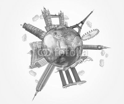 A globe with sketched famous places. The concept of travelling and sightseeing. Elements of this image furnished by NASA.