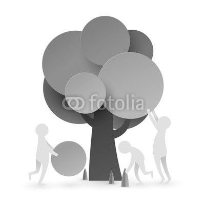 Paper art of  people try to set up and build tree