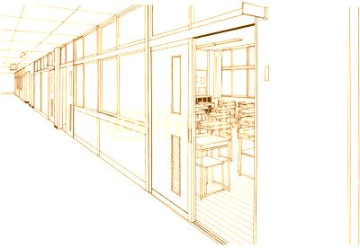 漫画風ペン画イラスト　学校廊下