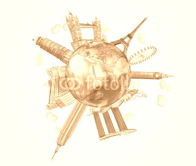 A globe with sketched famous places. The concept of travelling and sightseeing. Elements of this image furnished by NASA.