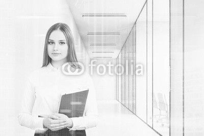 Young girl in an office suit is holding a black folder and standing in a white office corridor with conference rooms. 3d rendering. Mock up. Toned image. Double exposure