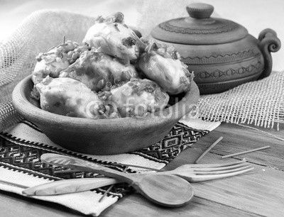Ukrainian dumplings with cabbage, cheese and cherries