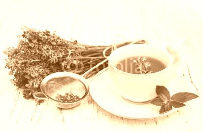Cup of tea and lavender flowers