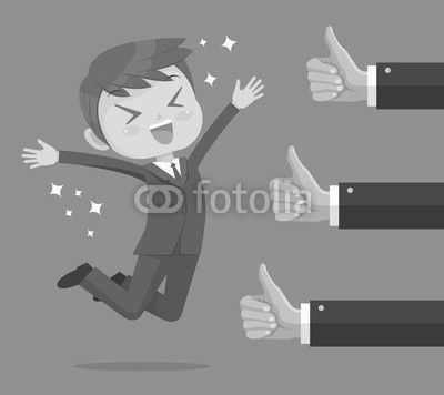 Happy businessman character and many hands with thumbs up. Vector flat cartoon illustration