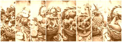 Food collage of fresh fruits in the basket .