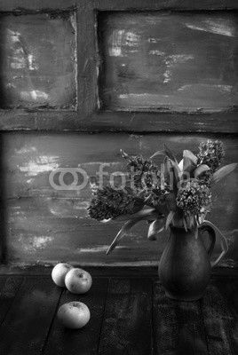 Blue hyacinths in a brown pot with green apples on a green and red background