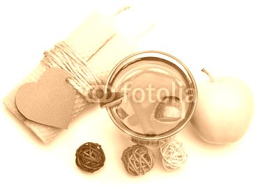 apple tea with cinnamon, candle, valentines heart isolated on white