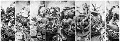 Food collage of fresh fruits in the basket .
