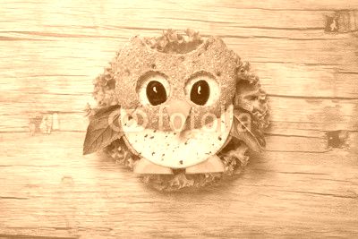 Owl made of bread and cheese on wooden background