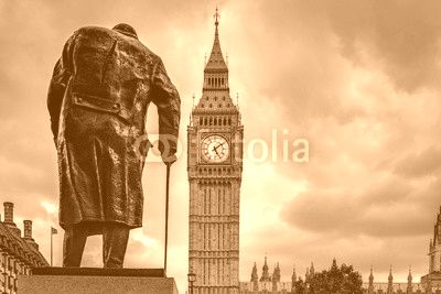 B&W Winston Churchill in parliament square and Big Ben