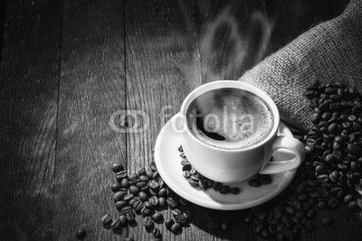 Cup coffee beans wooden