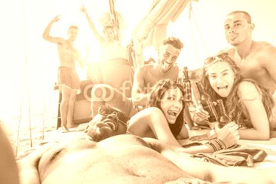 Happy friends taking selfie photo in boat party toasting beer