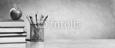 Apple On Stack Of Books With Pencils And Blank Chalkboard - Back To School
