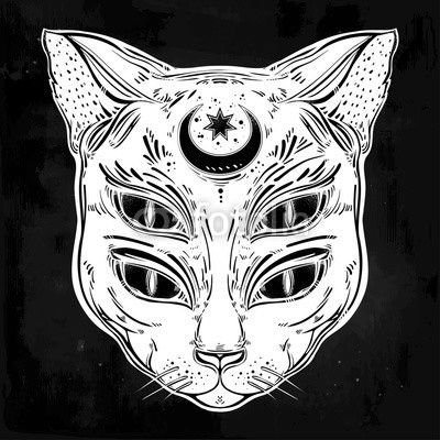 Black cat head portrait with moon and four eyes.