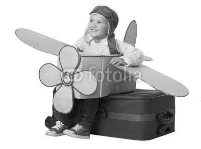 Kid Travel on Toy Airplane, Child Sitting on Vacation Suitcase, Luggage Fly as Plane, Baby playing Pilot