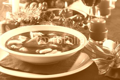Christmas red borscht with meat filled dumplings