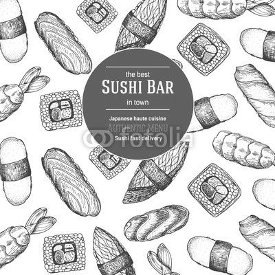 Japanese food vector illustration. Hand drawn Sushi design template. Card for restaurant menu