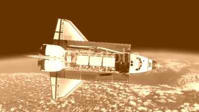 Space shuttle floats in space. Perfect of computer graphics videos about: space, earth, orbit, ISS, the International Space Station, astronauts, NASA and discovery