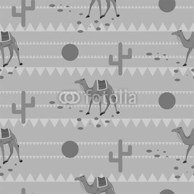 Desert camels in sands seamless pattern. Yellow ground with cactus and red sun tribal vector background.