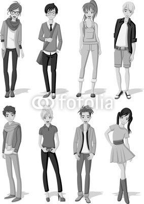 Group of cartoon young people. Manga anime teenagers.
