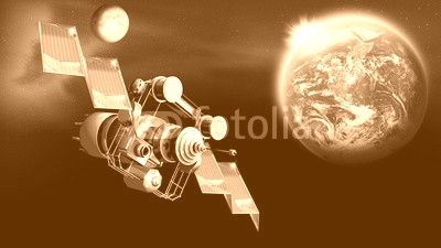 Satellit auf der Umlaufbahn im Weltall,  Erde und Mond
