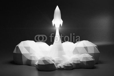 Blasts off space rocket from cosmodrom, polygonal style