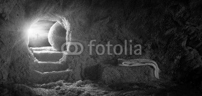 Tomb Empty With Shroud And Crucifixion At Sunrise - Resurrection Of Jesus
